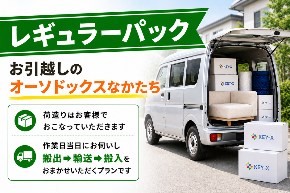 「レギュラーパック」お引越しのオーソドックスなかたち。荷造りはお客様でおこなっていただきます。作業日当日にお伺いし搬出・輸送・搬入をおまかせいただくプランです