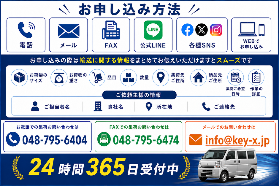 「お申込み方法」電話・メール・FAX・公式LINE・各種SNS・WEBでお申込み。お申し込みの際に輸送に関する情報をまとめてお伝えいただけますとスムーズです。
