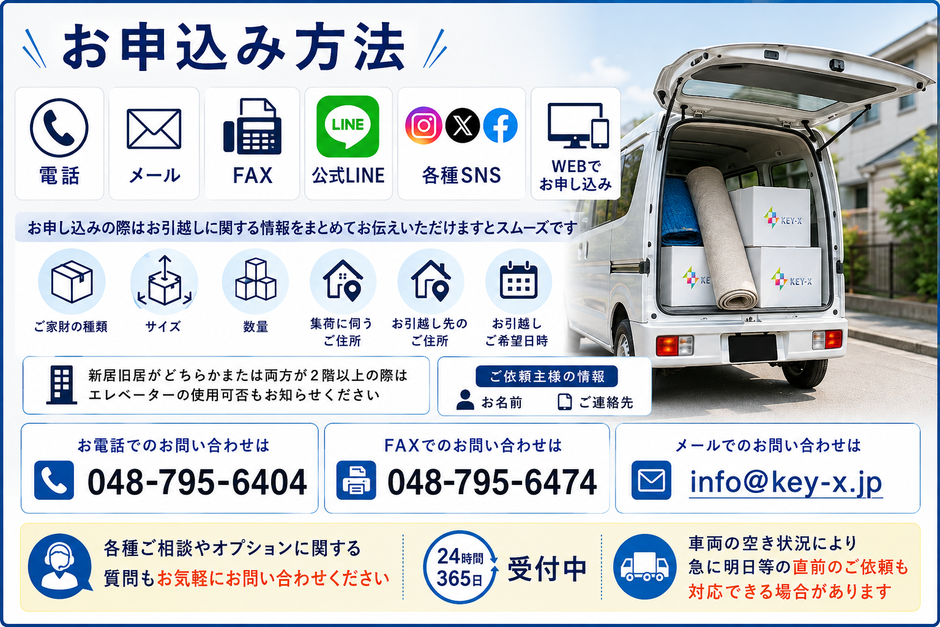 「お申込み方法」電話・メール・FAX・公式LINE・各種SNS・WEBでお申込み。お申し込みの際にお引越しに関する情報をまとめてお伝えいただけますとスムーズです。